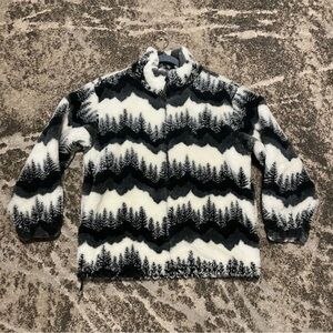 Vintage Faux Fur Mountain Tree Line Zip Jacket Coastlines Canada‎ Black & White